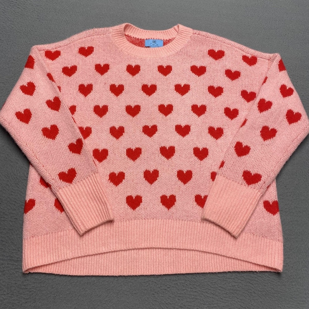 CeCe Sweater Womens XS Pink Red Heart Print Crew Neck Pullover Soft Knit